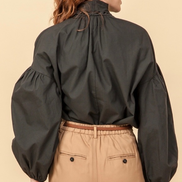 Puffed Sleeve Bow Tie Button Down Blouse - Picture 4 of 5